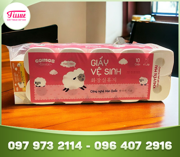Giấy vệ sinh cao cấp COMOS 10 cuộn 4 lớp lõi siêu nhẹ